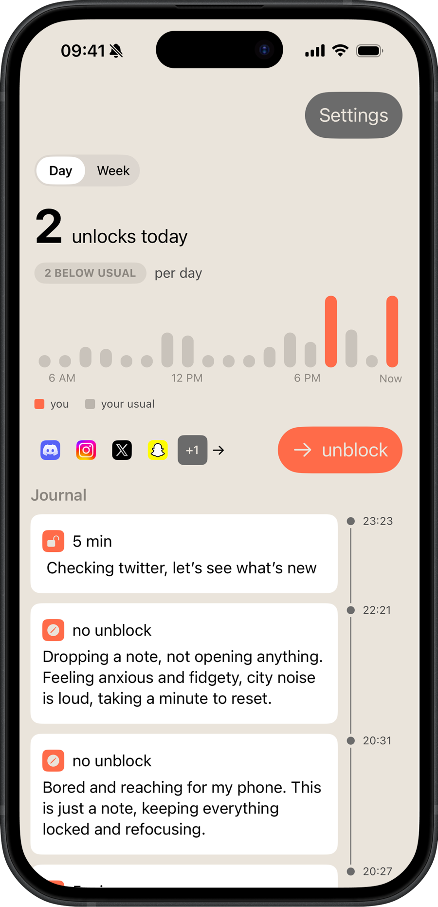 MindfulBlock home screen showing today's unlocks chart, blocked apps, and journal notes